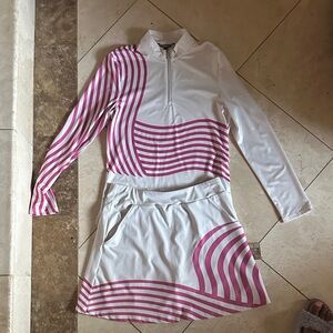 White & Pink golf/tennis Striped 2 piece long sleeve top and skort